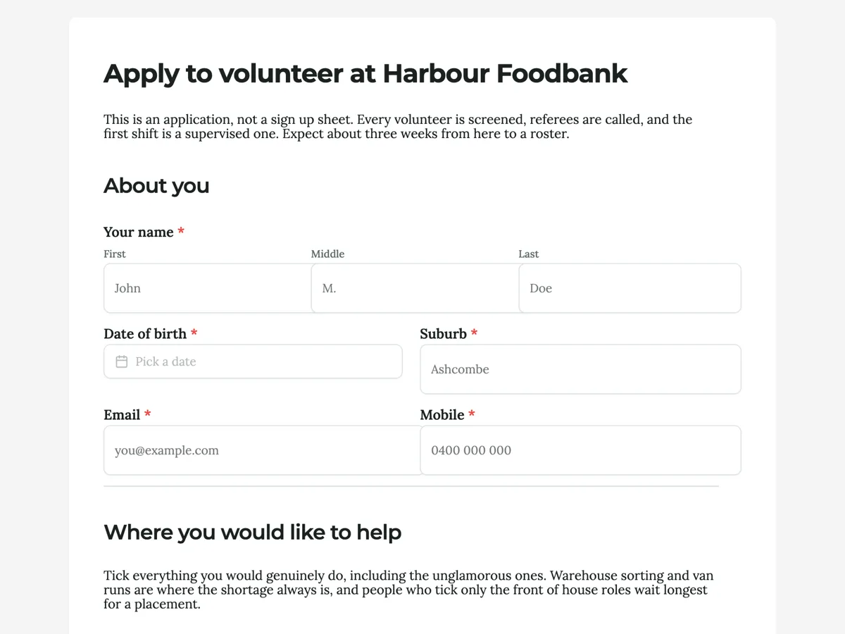 Volunteer application form with screening and referees on it example