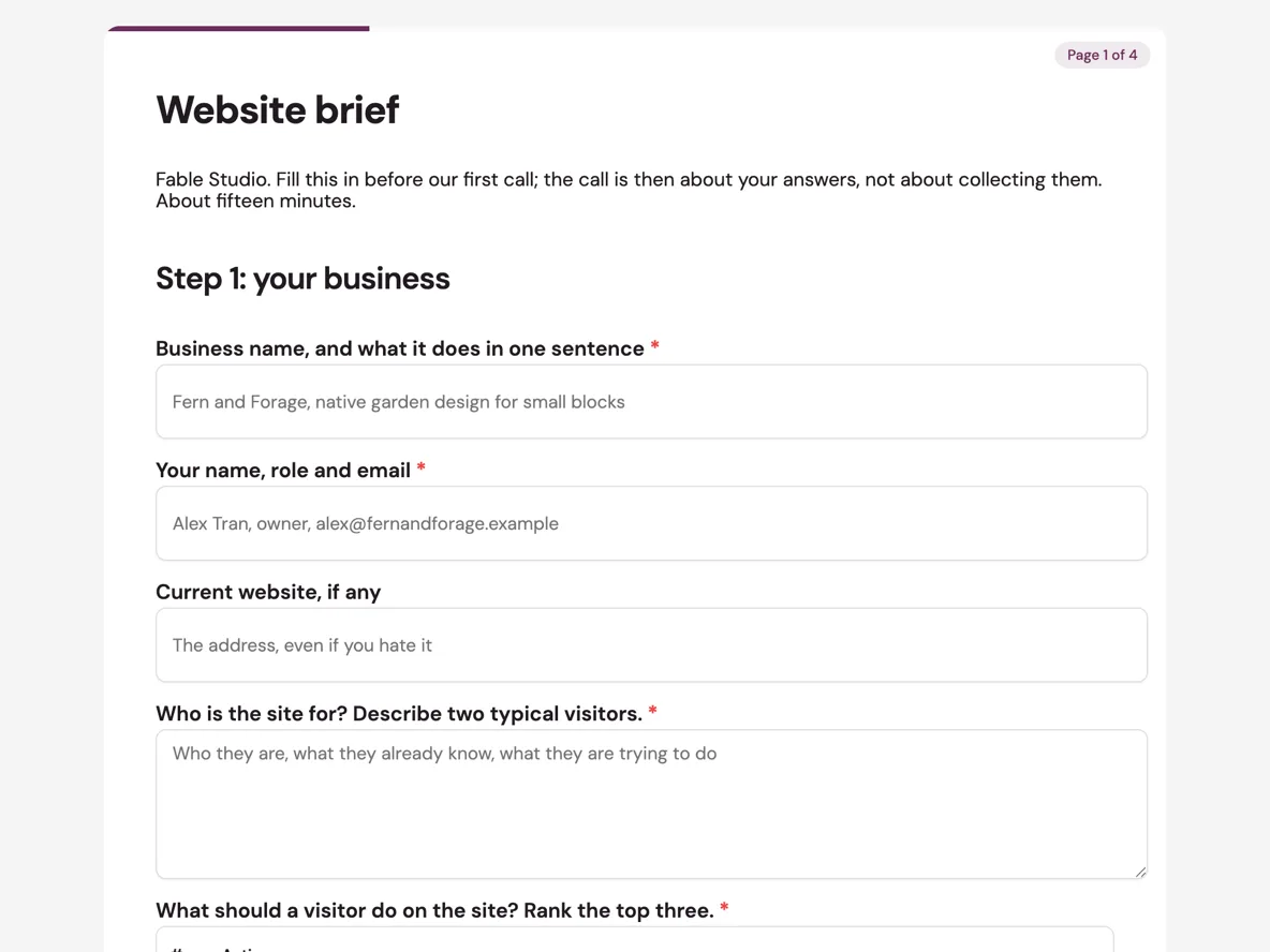 Website brief form the discovery call can start from example