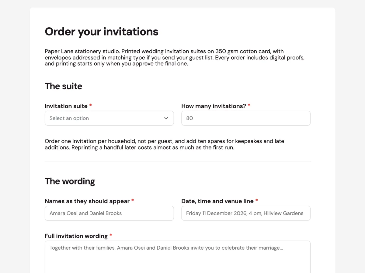 Top of the invitation order form with wording, quantity and proofs example