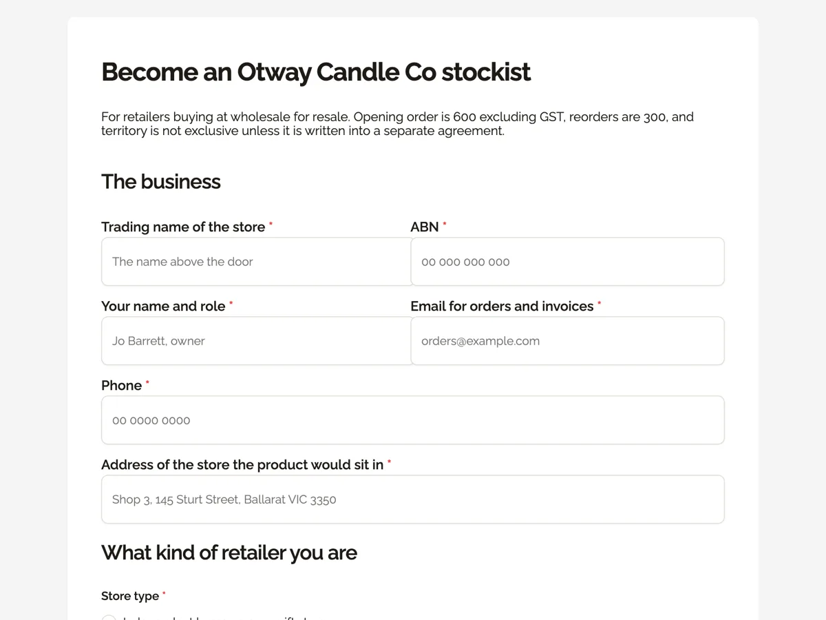 Wholesale account application form for a new stockist example