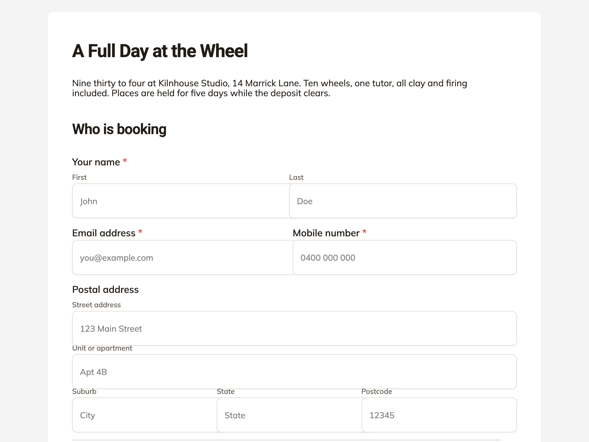 Workshop registration form example