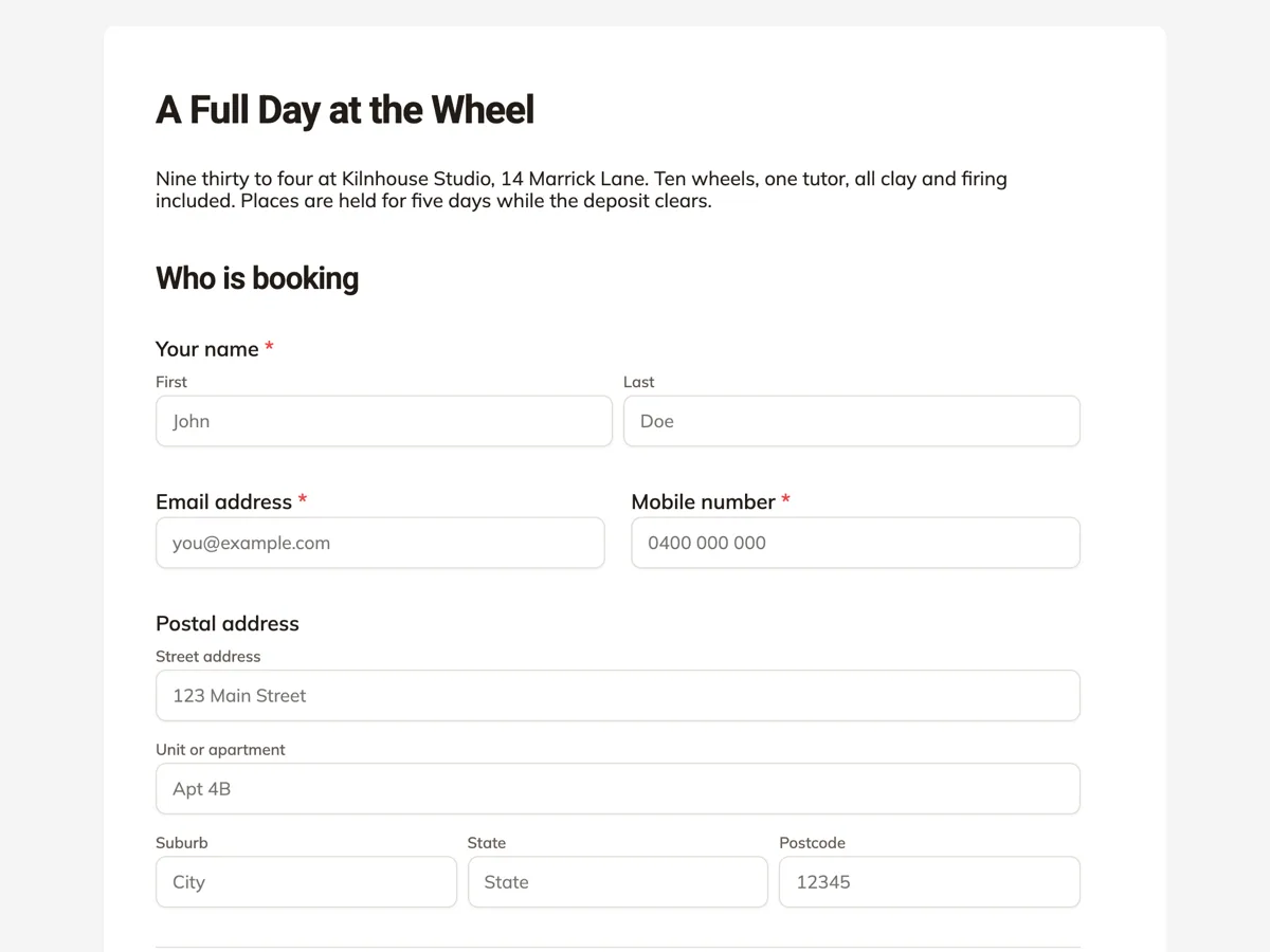 Workshop registration form example