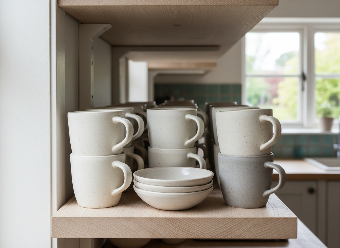 Photograph of plain ceramic mugs and bowls neatly stacked on a pale timber shelf, soft daylight, minimal still life, no text, no logos