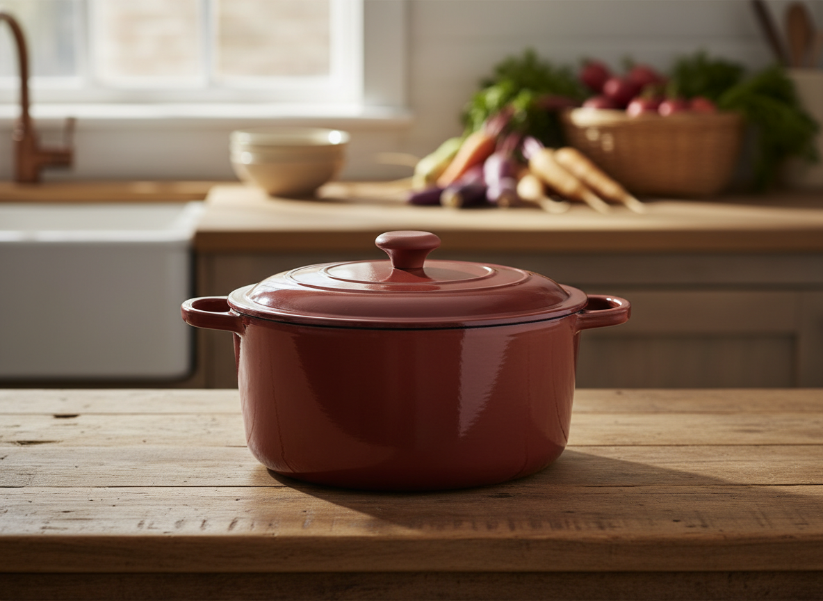 Product photograph of a cast iron dutch oven in deep terracotta enamel on a warm timber bench, soft directional daylight, shallow depth of field, clean neutral background, no text, no logos
