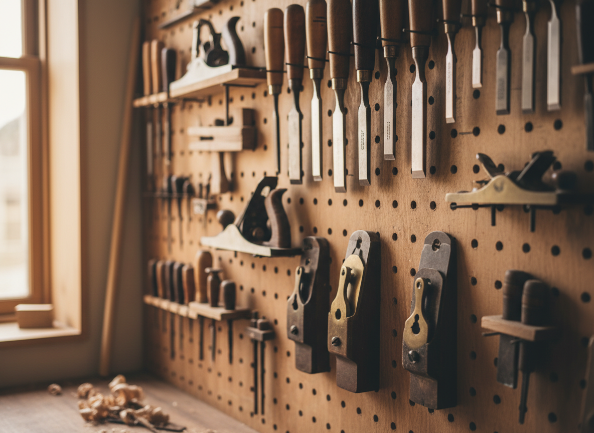Close-up photograph of hand tools arranged on a timber pegboard wall, chisels and hand planes, warm workshop light, shallow depth of field, no text, no logos