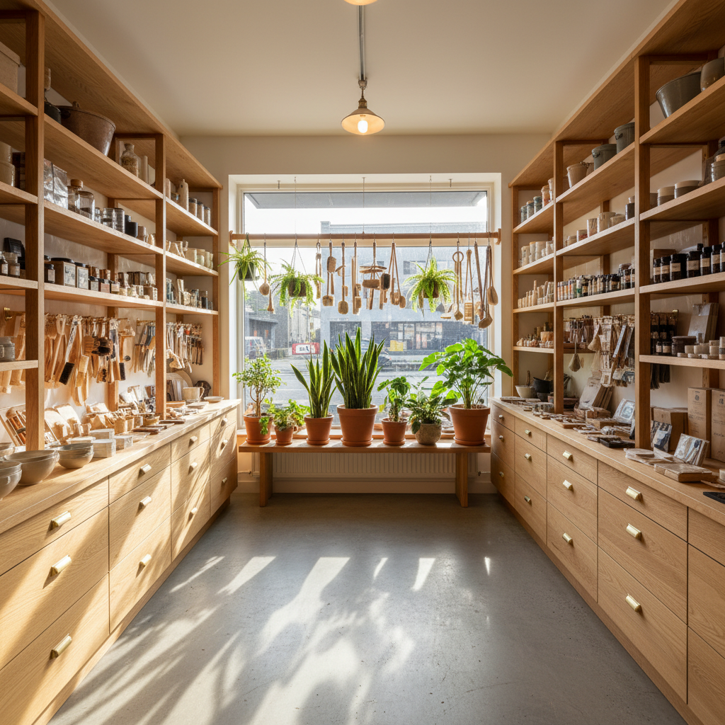 Photograph of a newly fitted independent hardware and homeware shop interior, warm timber shelving, brass fittings, potted plants by the front window, late afternoon sun across the floor, wide angle, inviting and clean, no people, no text, no signage