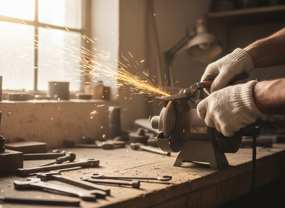 Close-up photograph of a hand sharpening a garden secateur on a bench grinder in a bright workshop, sparks and warm light, shallow depth of field, no text, no logos