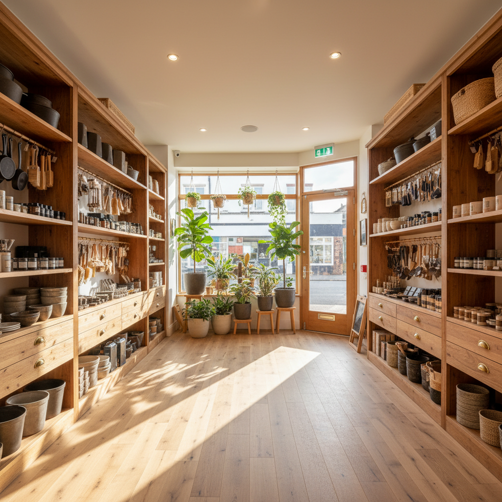 Photograph of a newly fitted independent hardware and homeware shop interior, warm timber shelving, brass fittings, potted plants by the front window, late afternoon sun across the floor, wide angle, inviting and clean, no people, no text, no signage