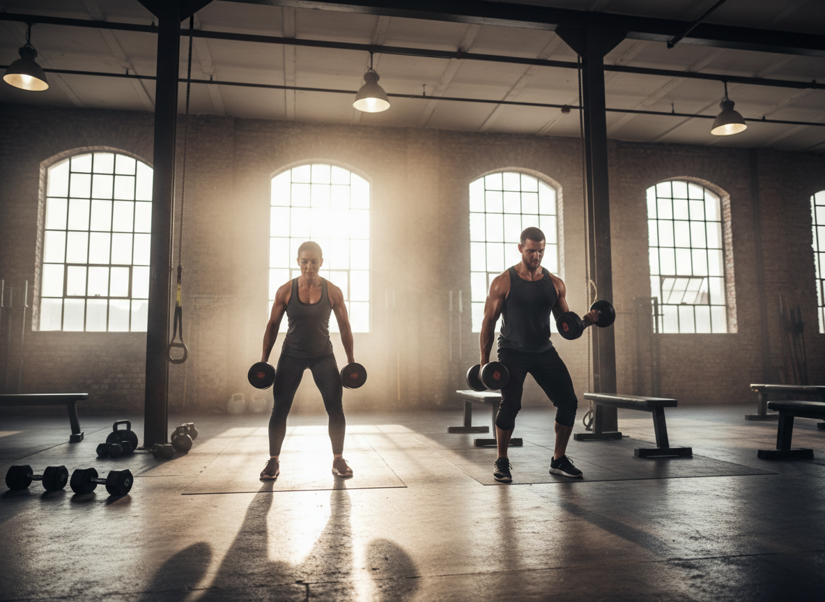 Photograph of two people training with dumbbells in a bright industrial gym, tall factory windows, chalk dust in the light, mid-lift, candid and unposed, wide angle, warm morning sun, no text, no logos