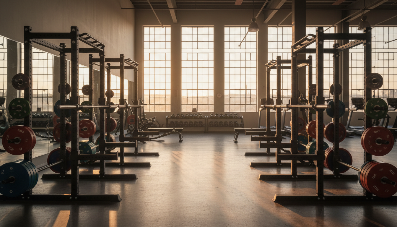 Wide photograph of a clean industrial strength gym at golden hour, squat racks and bumper plates, polished concrete, tall windows, no people, no text, no logos