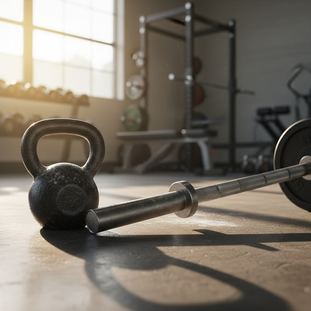 Photograph of a kettlebell and a chalk-dusted barbell on polished concrete in a bright gym, low angle, morning light, shallow depth of field, no people, no text, no logos