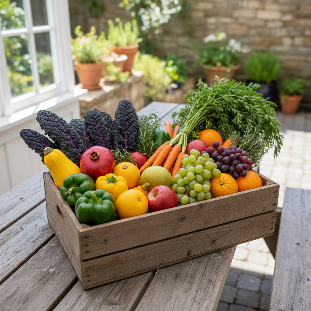 Photograph of a large mixed vegetable and fruit box packed with seasonal produce, daylight, no text, no logos