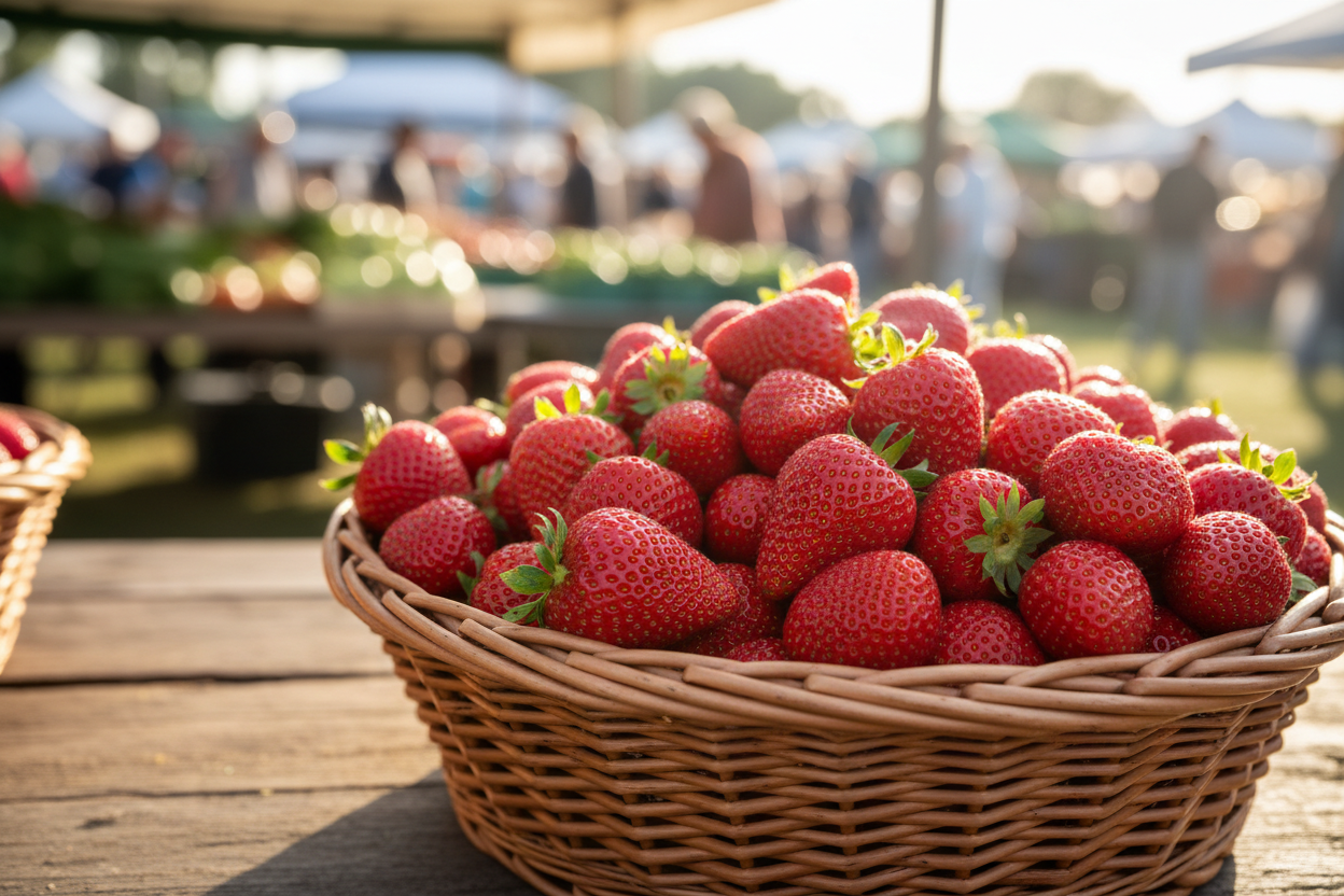 Photograph of a basket of fresh strawberries at a farmers market stall, morning daylight, shallow depth of field, no text, no logos