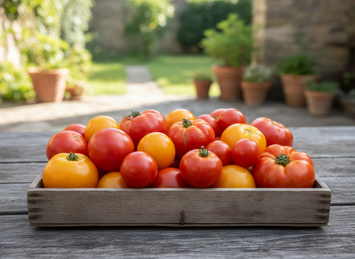 Still life photograph of ripe red and yellow tomatoes in a shallow wooden crate on a timber table, soft morning light, no people, no text, no logos