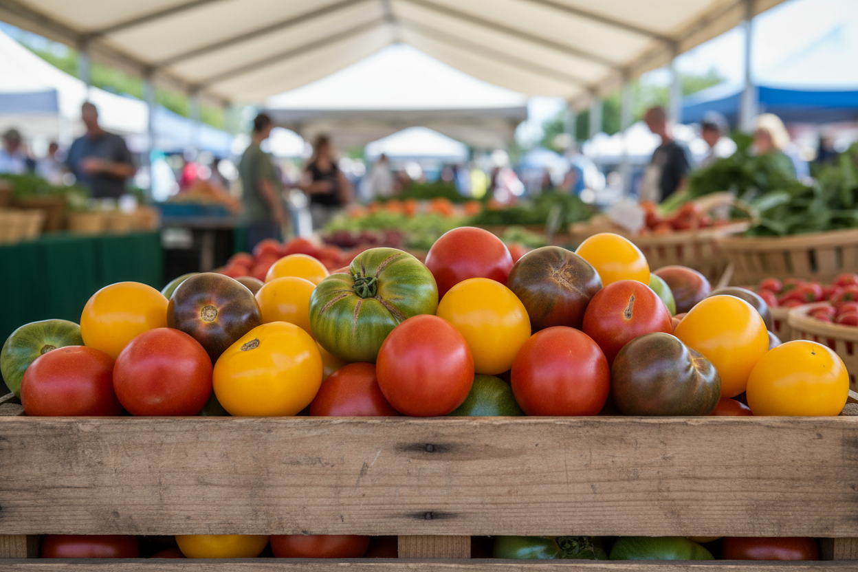 Photograph of a wooden crate of ripe heirloom tomatoes in mixed colours at a farmers market stall, morning daylight, shallow depth of field, no text, no logos