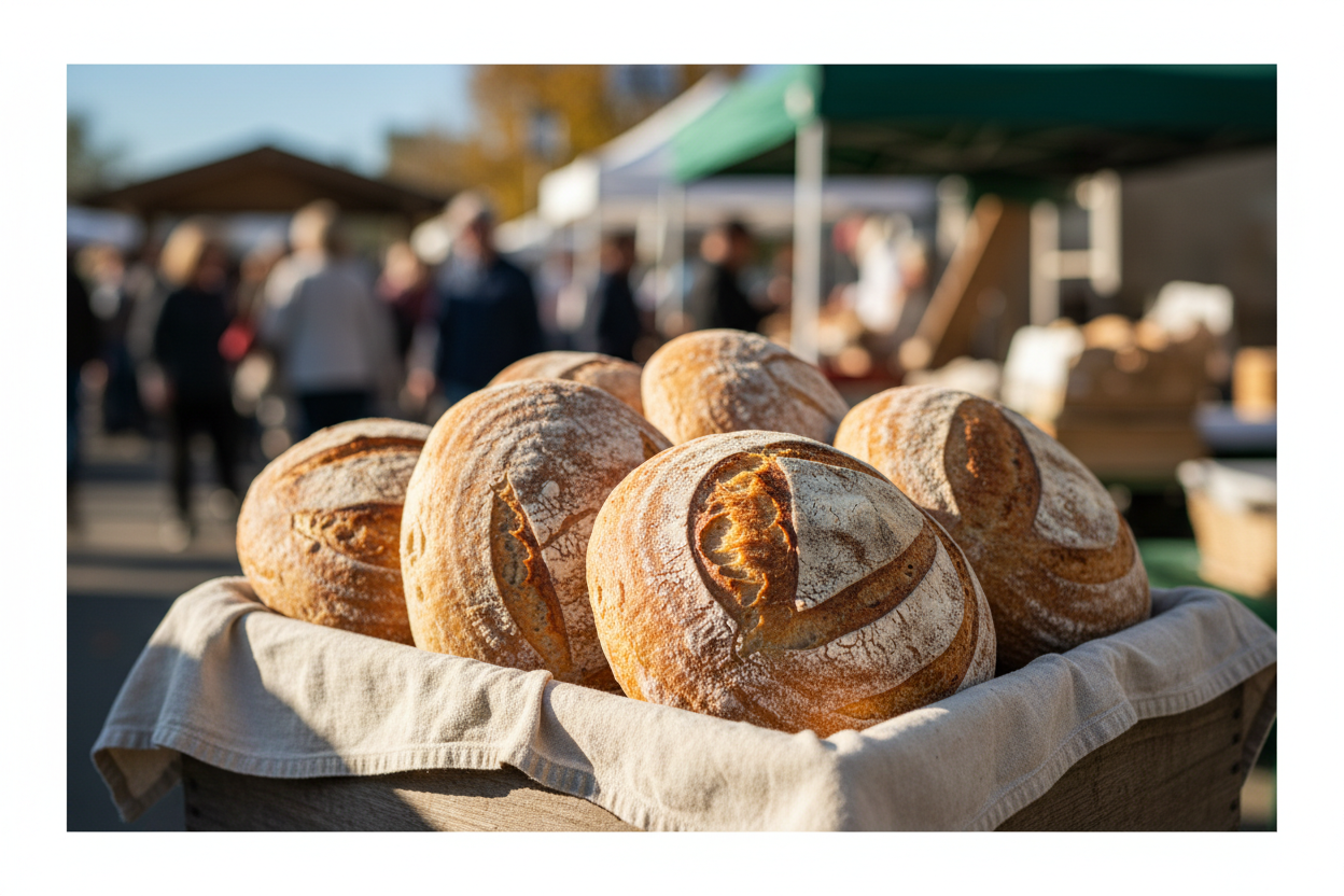 Photograph of rustic sourdough loaves stacked in a wooden market crate lined with linen, morning daylight, shallow depth of field, no text, no logos
