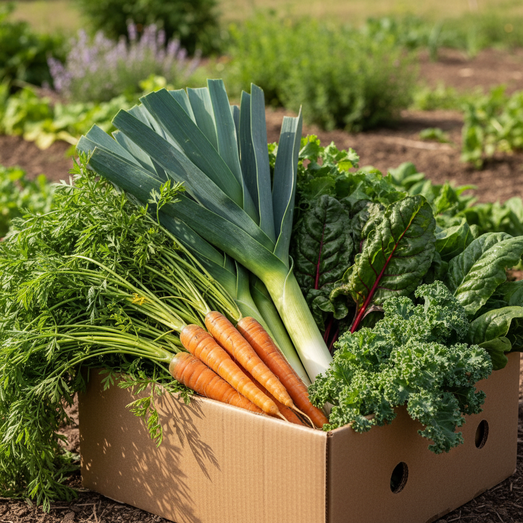 Photograph of a mixed vegetable box with carrots, leeks and greens packed in a cardboard produce box, daylight, no text, no logos