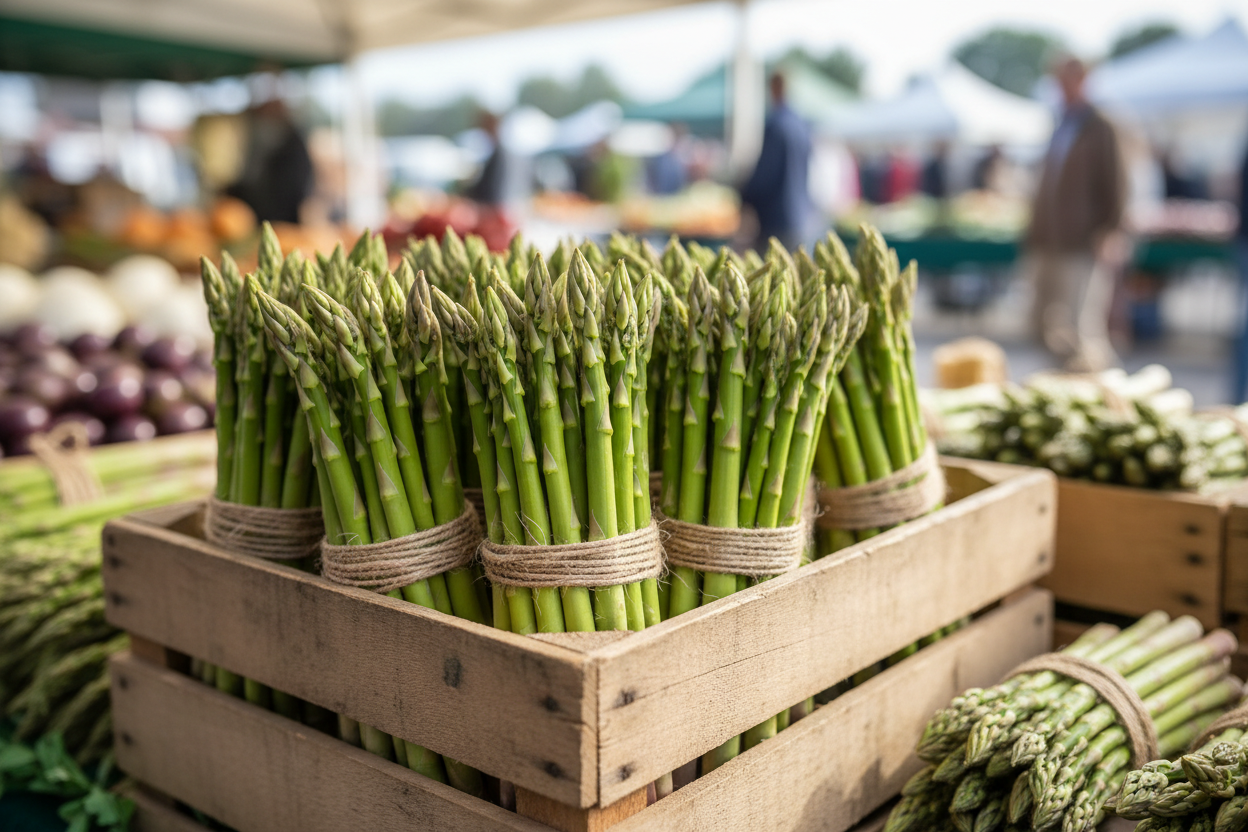 Photograph of bunches of fresh green asparagus tied with twine in a market crate, morning daylight, shallow depth of field, no text, no logos