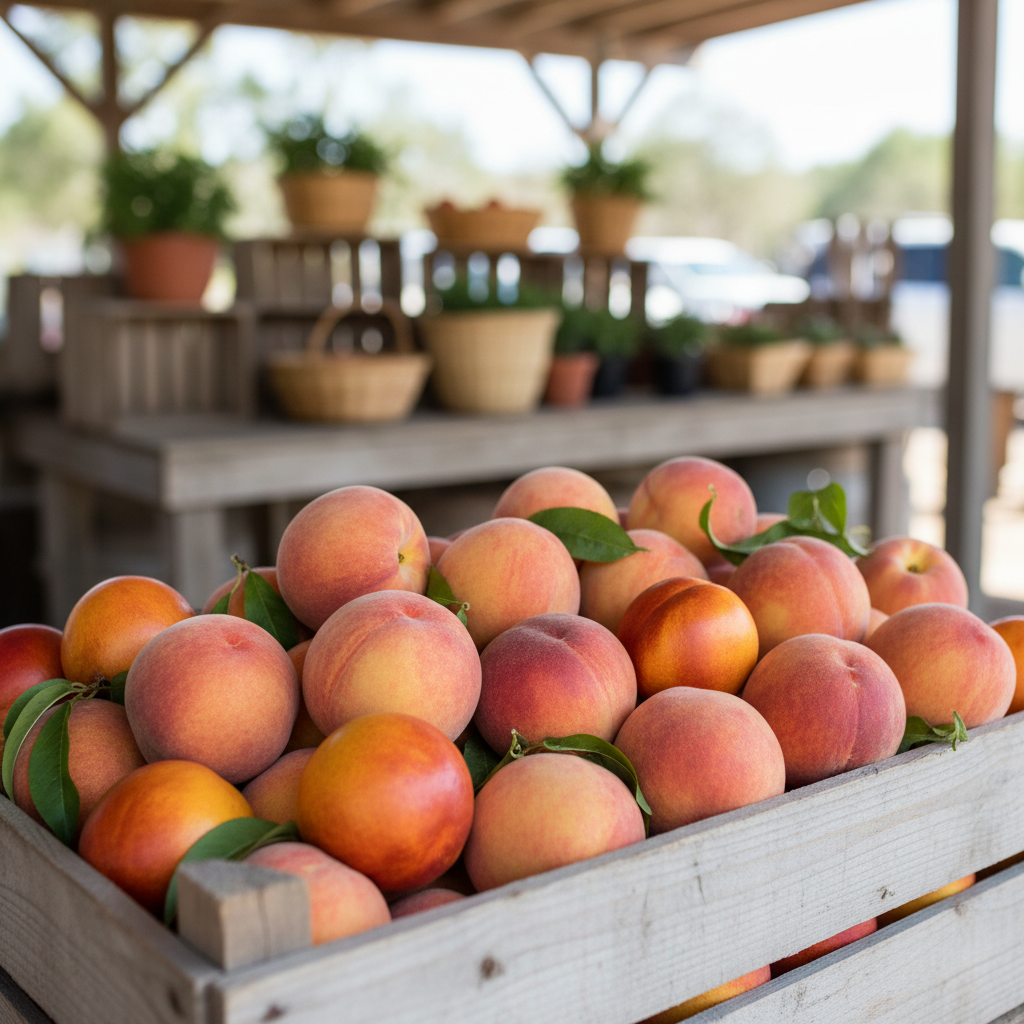 Photograph of a box of stone fruit, peaches and nectarines packed in a wooden crate, daylight, no text, no logos