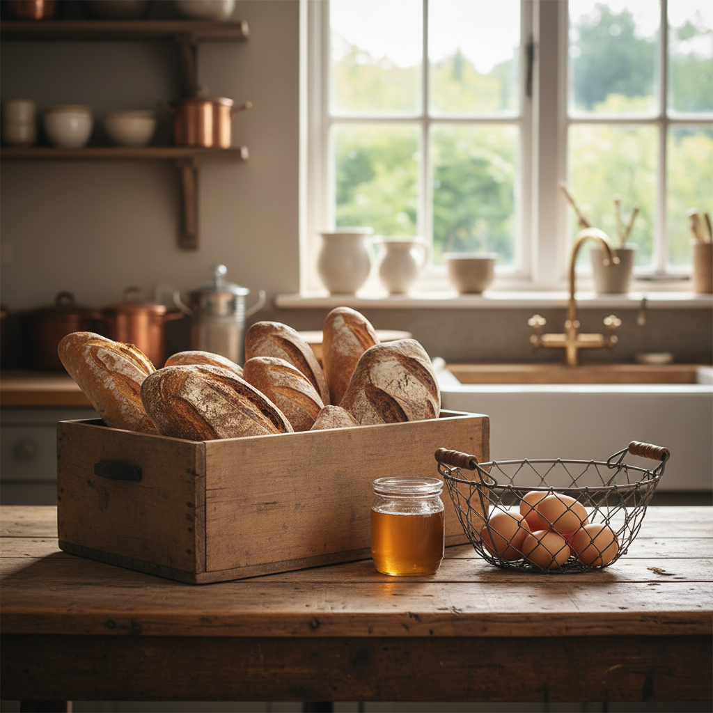 Photograph of a bread and pantry box with sourdough loaves, eggs and a jar of honey in a produce box, daylight, no text, no logos
