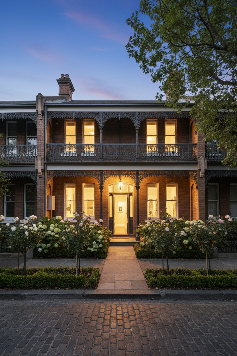 Architectural photograph of a renovated Victorian terrace house exterior at dusk, warm lit windows, iron lacework balcony, established front garden, quiet street, no people, no text, no signage