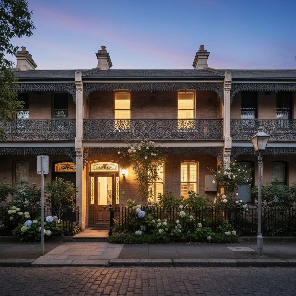 Architectural photograph of a renovated Victorian terrace house exterior at dusk, warm lit windows, iron lacework balcony, established front garden, quiet street, no people, no text, no signage