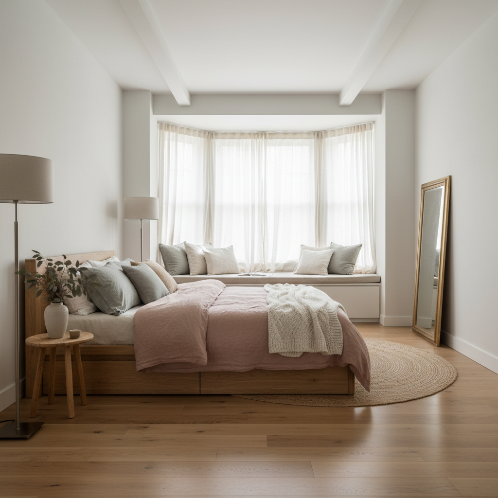 Interior photograph of a light filled main bedroom with a bay window, timber floors and linen bedding, soft daylight, no people, no text