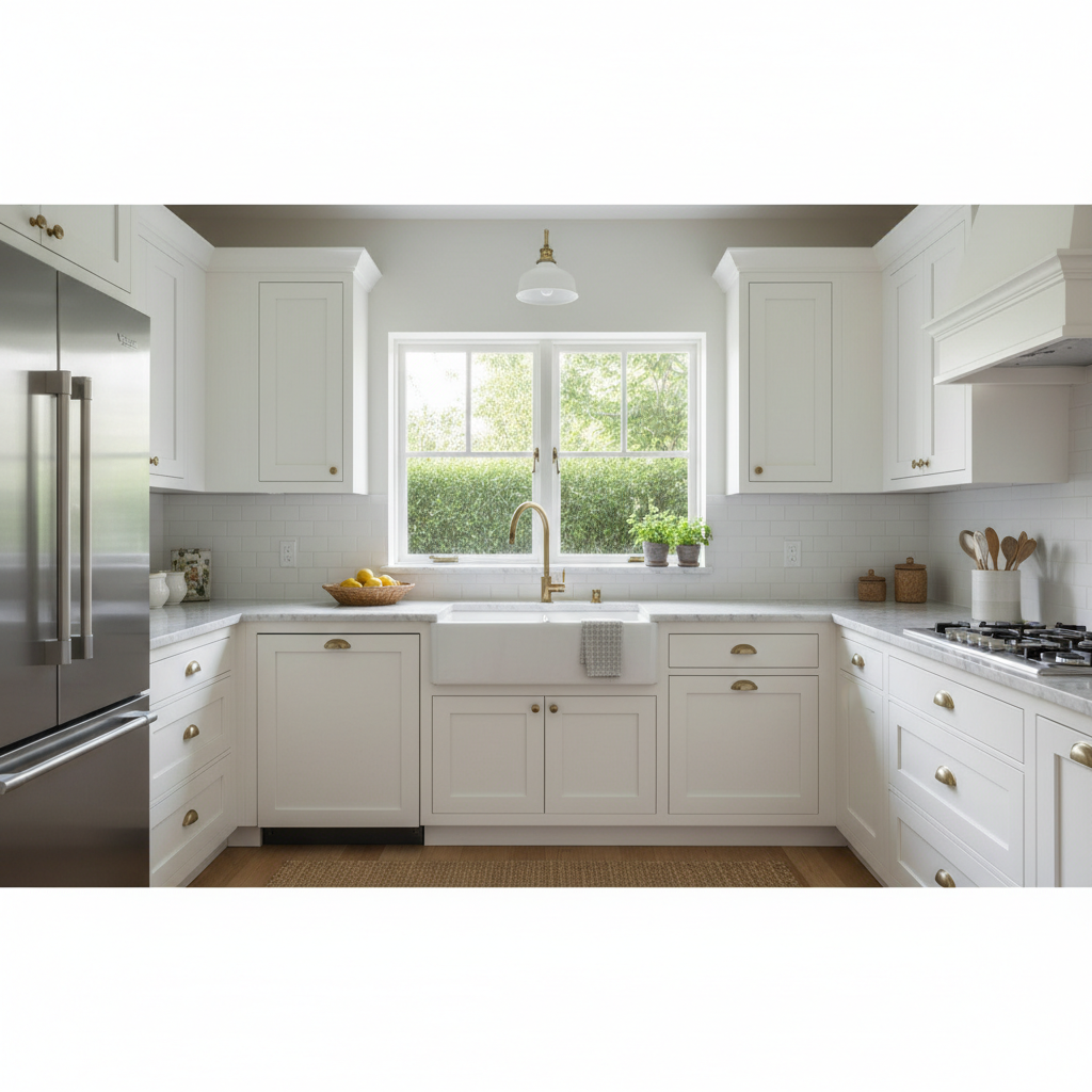Interior photograph of a small renovated kitchen with white cabinetry and a window over the sink, morning light, no people, no text