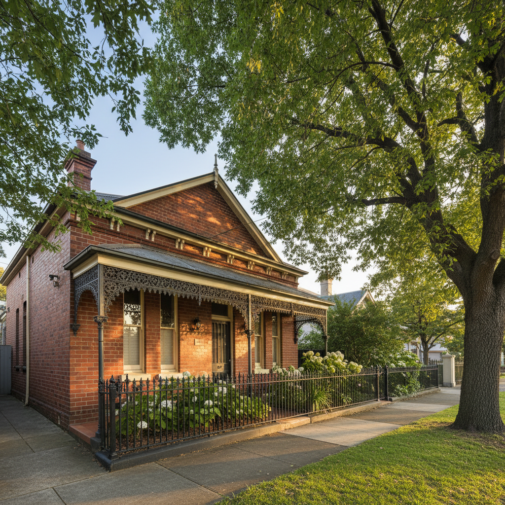 Architectural photograph of a single fronted Victorian cottage exterior in morning light, red brick, iron lacework verandah, low front fence, established street trees, no people, no text, no signage