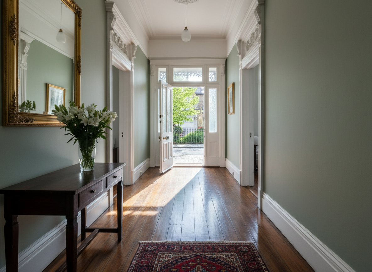 Photograph of a hallway inside a Victorian terrace with polished floorboards and an open front door letting in daylight, no people, no text