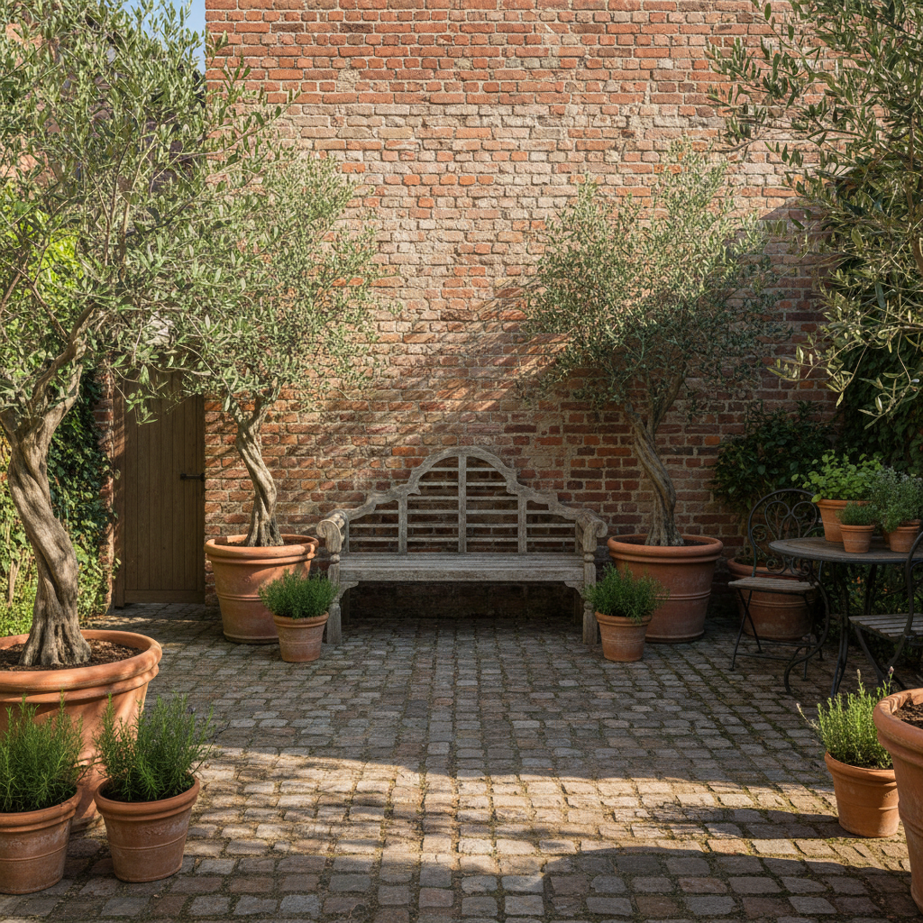 A walled courtyard garden with potted planting, a timber bench and a paved floor
