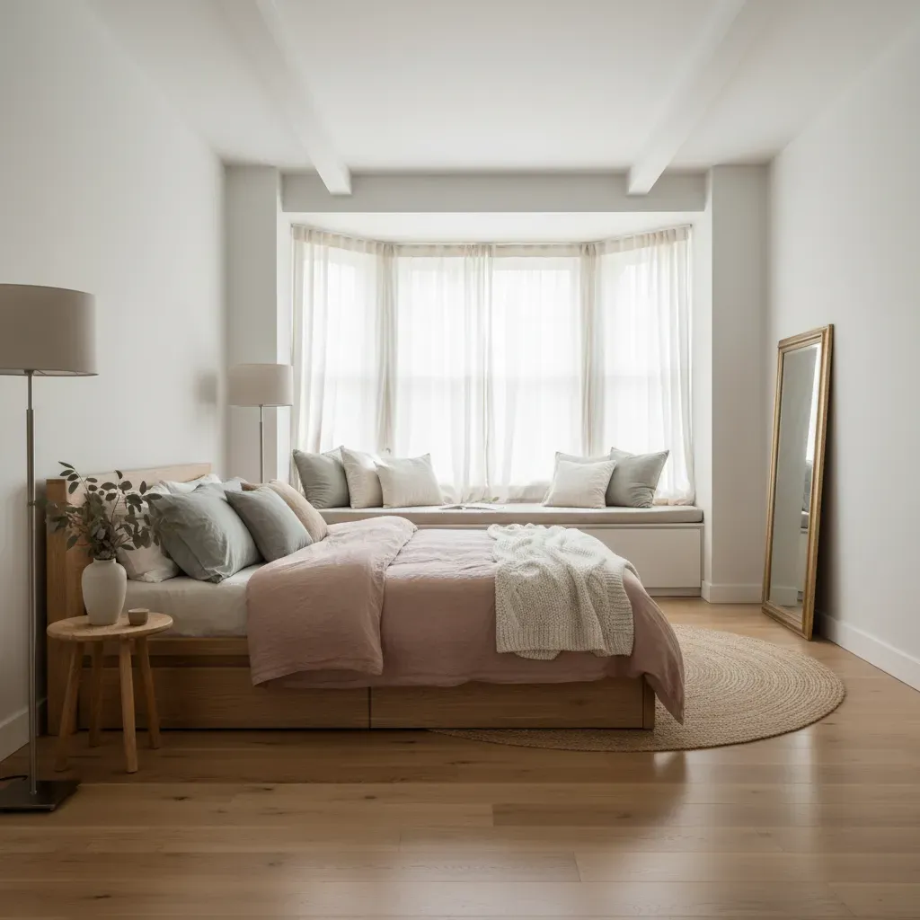 Interior photograph of a light filled main bedroom with a bay window, timber floors and linen bedding, soft daylight, no people, no text