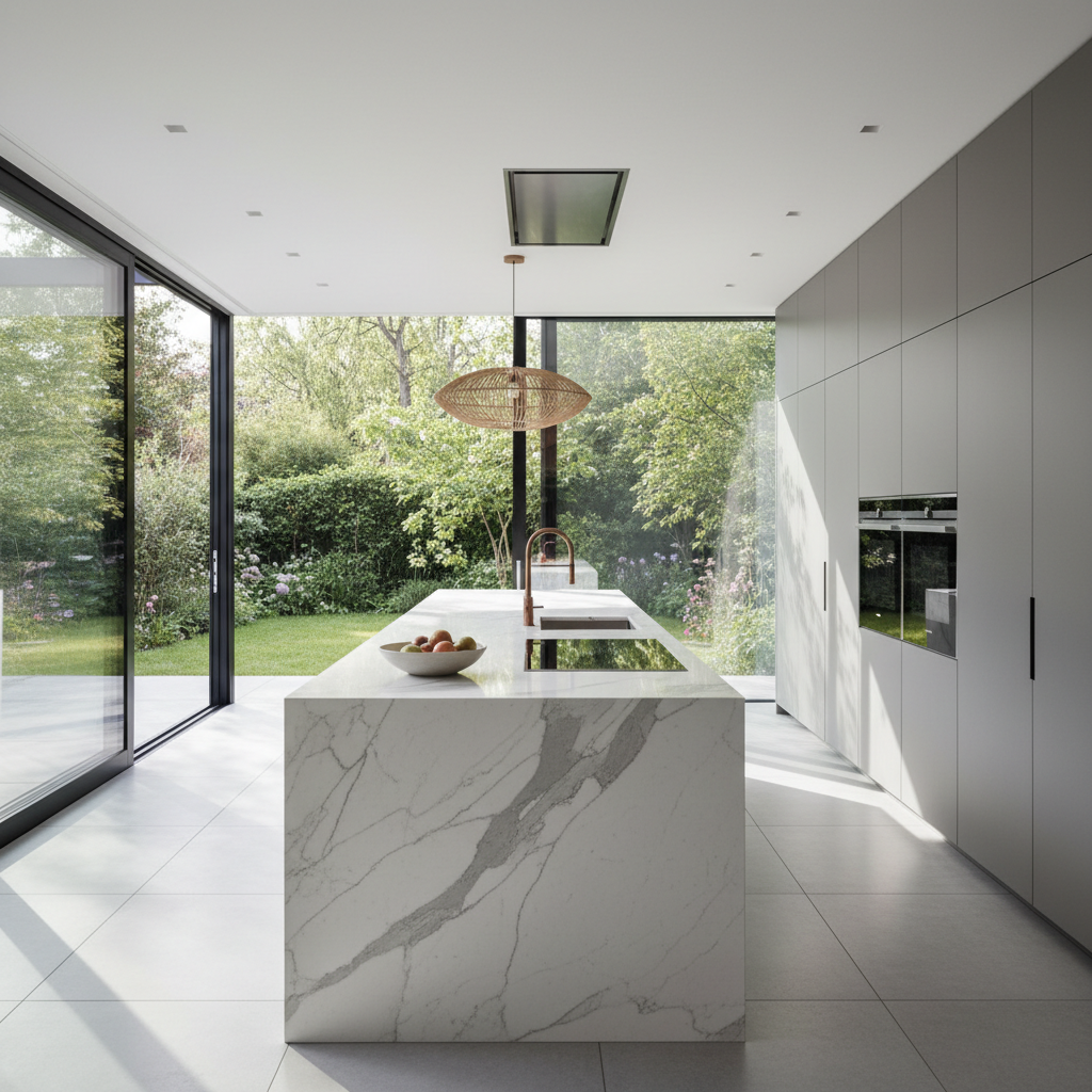 Interior photograph of a north facing open plan kitchen with marble island bench and glass doors to a garden, morning light, no people, no text