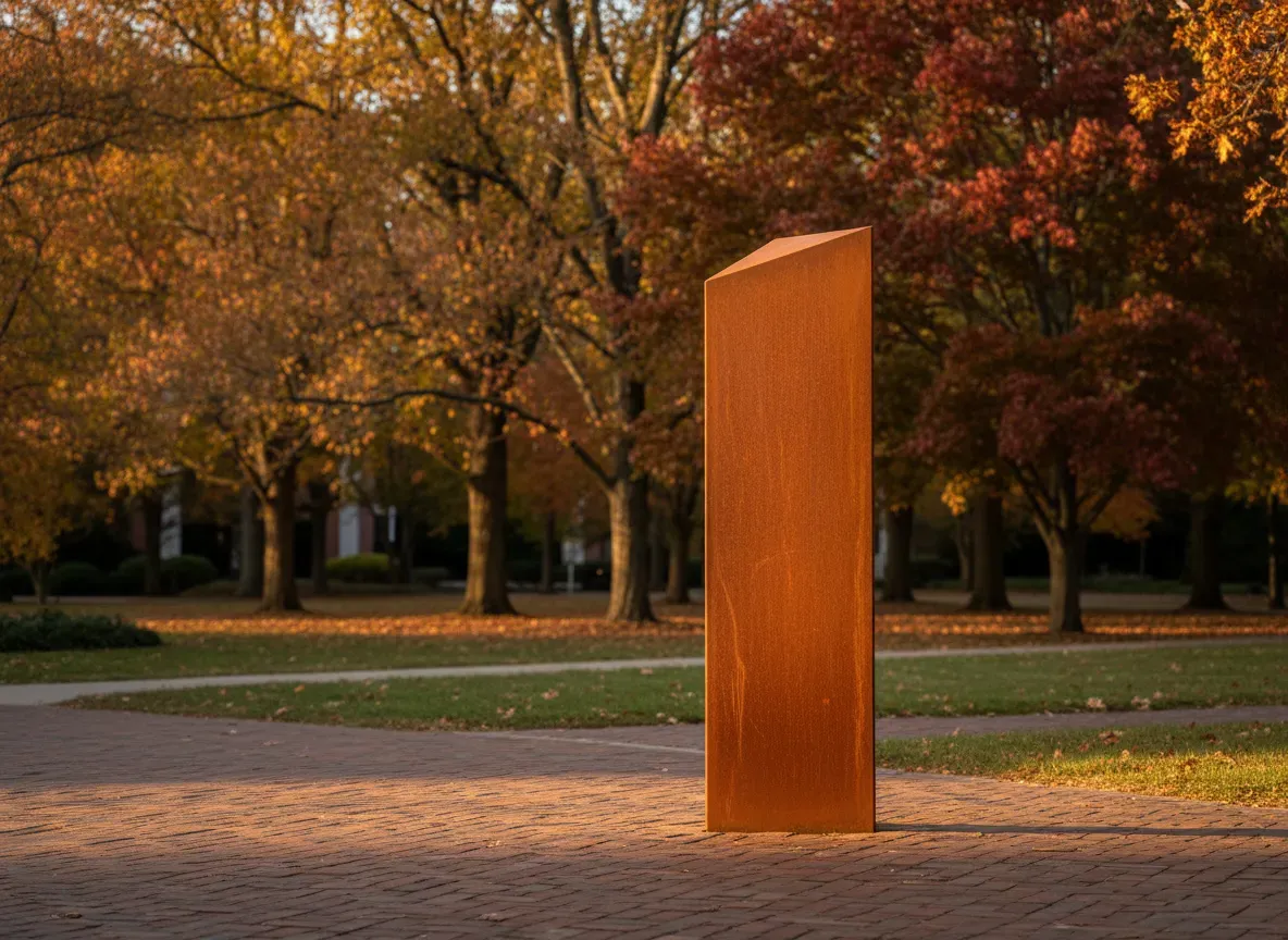 An architectural photograph of an outdoor university campus wayfinding totem in weathered steel standing on a brick path, autumn trees behind, late afternoon light, no readable text, no people, no logos