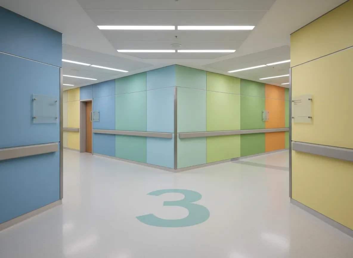 An architectural photograph of a hospital corridor junction with large colour coded wall panels and an oversized floor number, calm pastel palette, soft even lighting, clean minimal signage forms with no readable text, no people, no logos