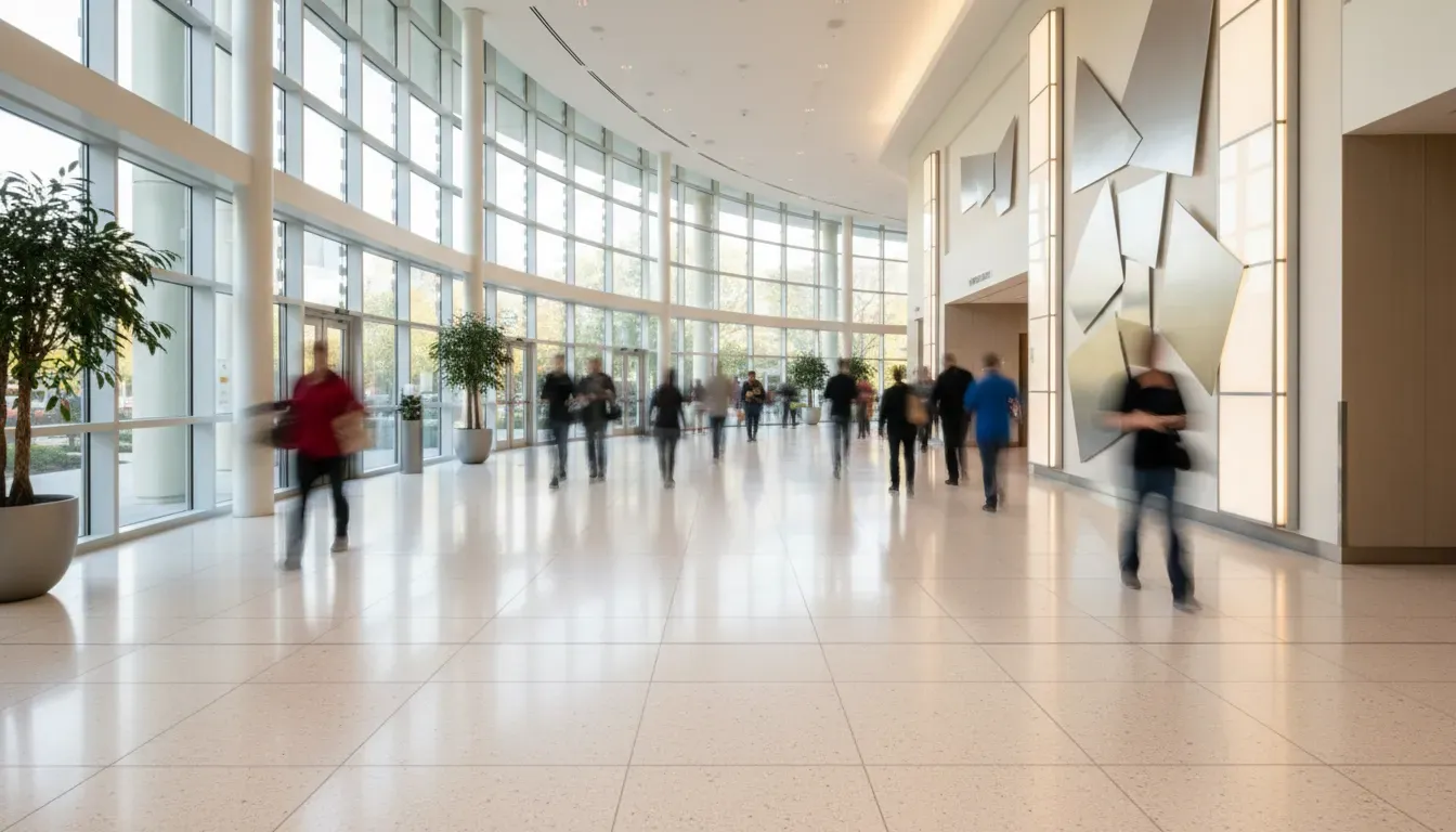 A wide soft focus photograph of a hospital main entrance foyer at midday, blurred movement, pale terrazzo floor and glass, warm indirect light, abstract and calm, no readable text, no logos, no identifiable faces