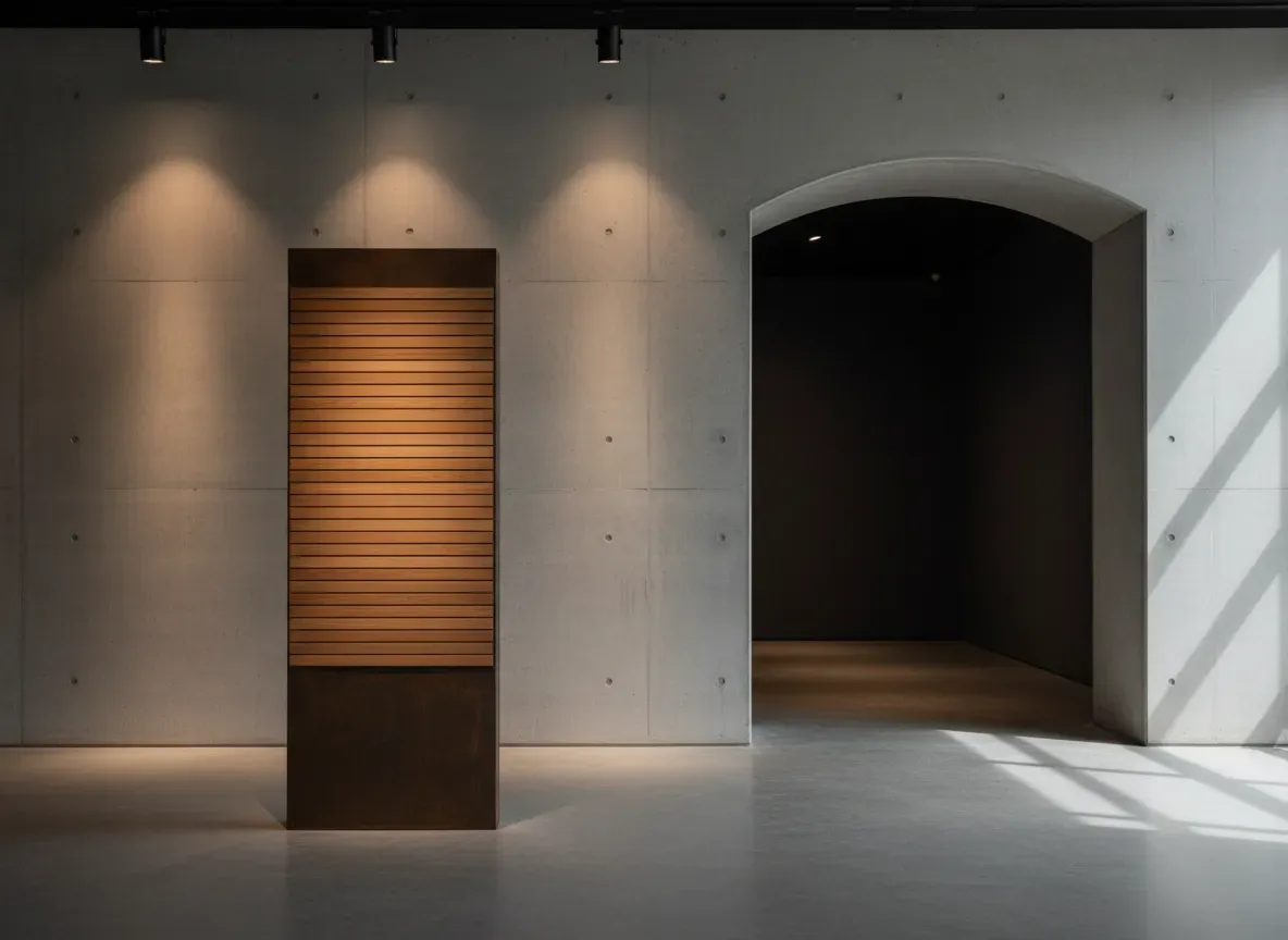 An architectural photograph of a museum gallery entrance with a tall freestanding interpretive panel in warm timber and dark metal, spotlights on a plain wall, dim ambient light, no readable text, no people, no logos