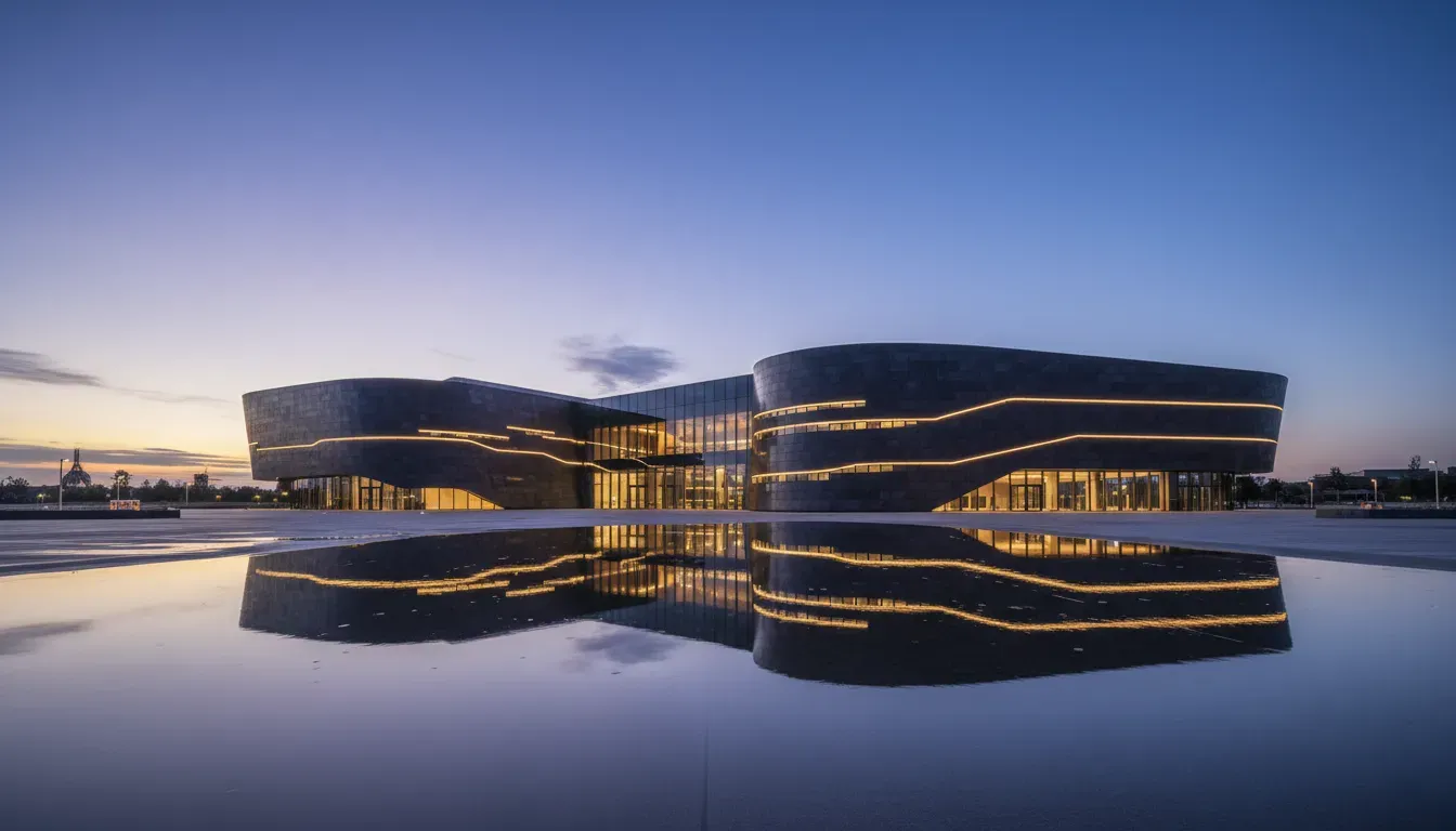A wide dusk photograph of a modern civic building exterior with illuminated architectural lettering forms on the facade, wet forecourt reflecting the light, deep blue sky, no readable text, no people, no logos