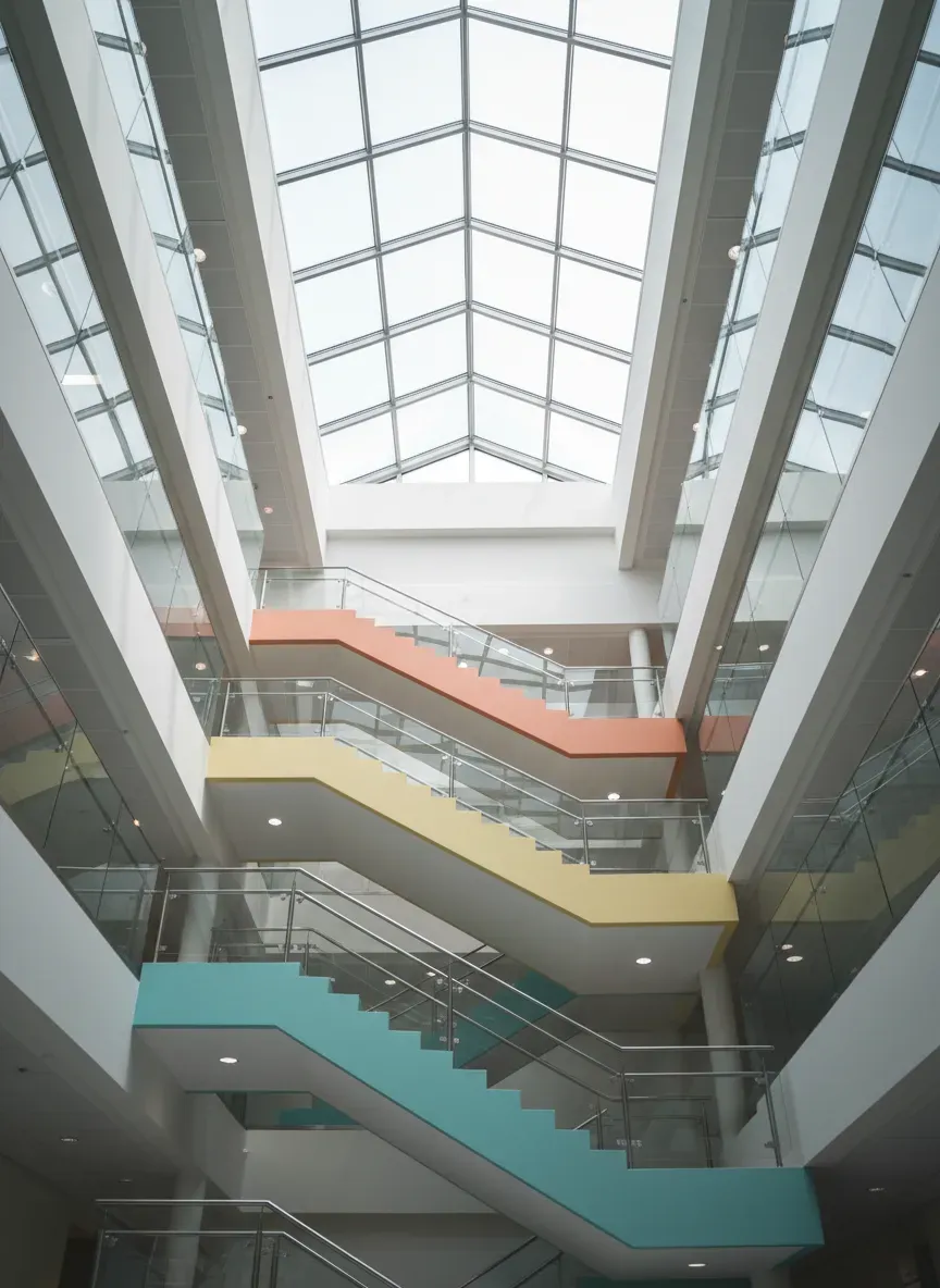 A tall vertical architectural photograph looking up a hospital atrium stairwell, brightly coloured level markers painted on each landing edge, handrails and glass balustrades, natural light from above, calm clinical palette, no people, no readable text, no logos