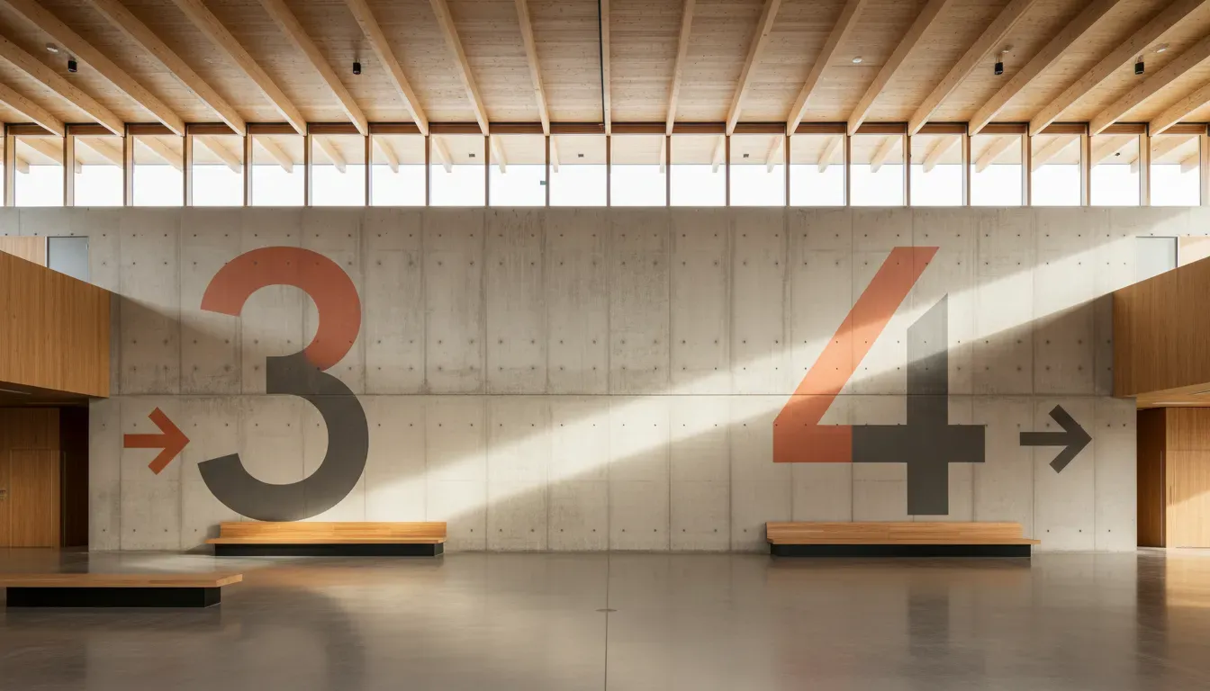 A wide architectural photograph of a bright public building interior, a tall concrete wall carrying oversized painted numerals and directional arrows, polished floor, soft daylight from a clerestory, warm neutral palette, no people, no readable words, no logos