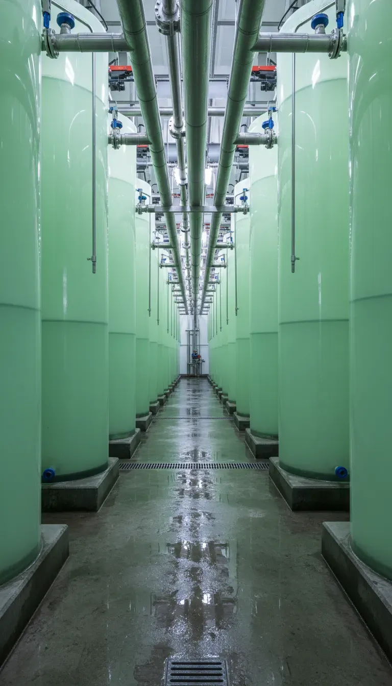 Tall portrait photograph inside a shellfish hatchery