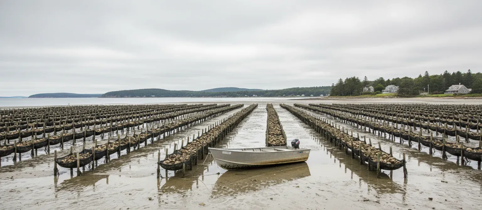 Wide landscape photograph of an oyster farm at low tide on the New England coast, rows of black mesh grow bags on trestles in shallow water, a small aluminium work skiff, soft grey morning light, documentary style, the scene fills the frame edge to edge, no people, no text, no logos