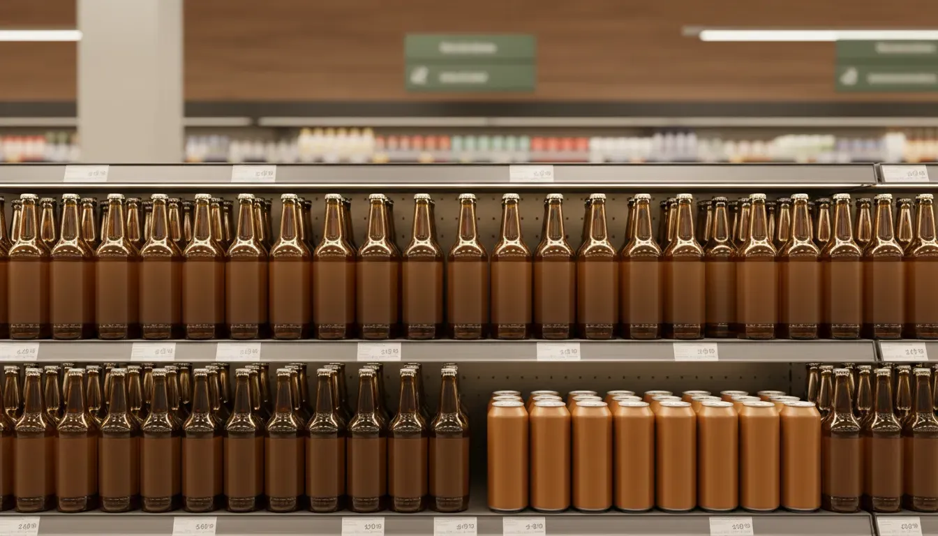 A wide photograph of a supermarket chilled shelf of unbranded amber bottles and cans, clean retail lighting, shallow depth of field, warm neutral palette, no readable text, no labels, no logos