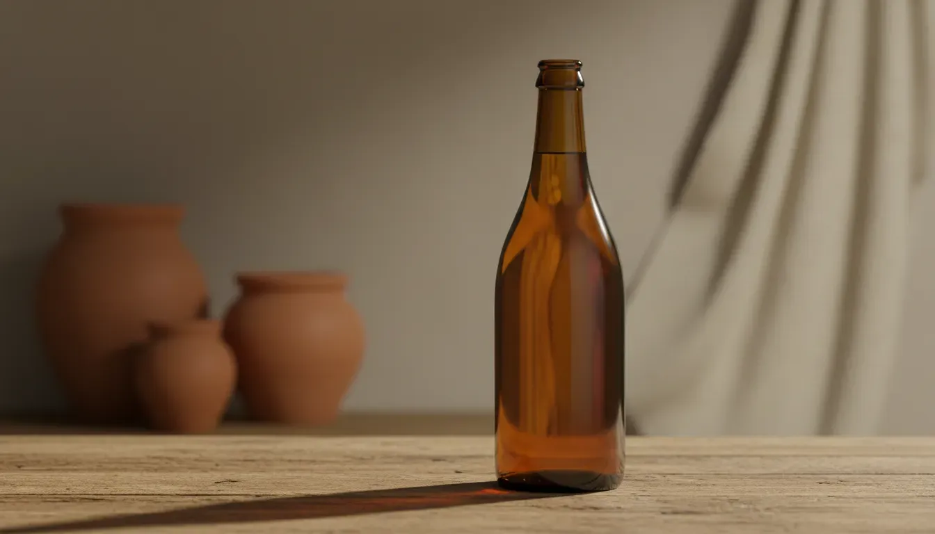 A wide product photograph of an unlabelled amber glass cider bottle standing on weathered oak, warm side light, soft shadow, muted terracotta and cream background, no text, no labels, no logos