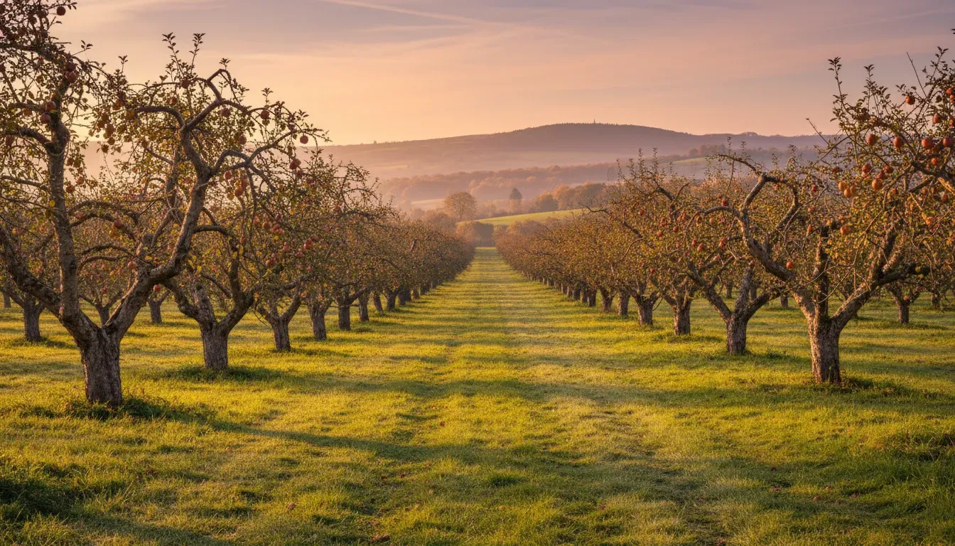 A wide atmospheric photograph of an old cider orchard in Herefordshire at golden hour, gnarled apple trees in rows, long shadows across cut grass, distant hills, warm autumn light, documentary style, no people, no readable text, no logos