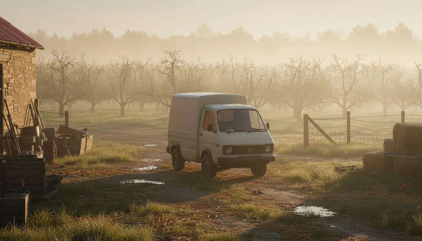 A wide photograph of a small plain delivery van parked in a farmyard at dawn, mud on the wheel arches, orchard behind, soft misty light, muted warm palette, no people, no readable text, no logos, no signage