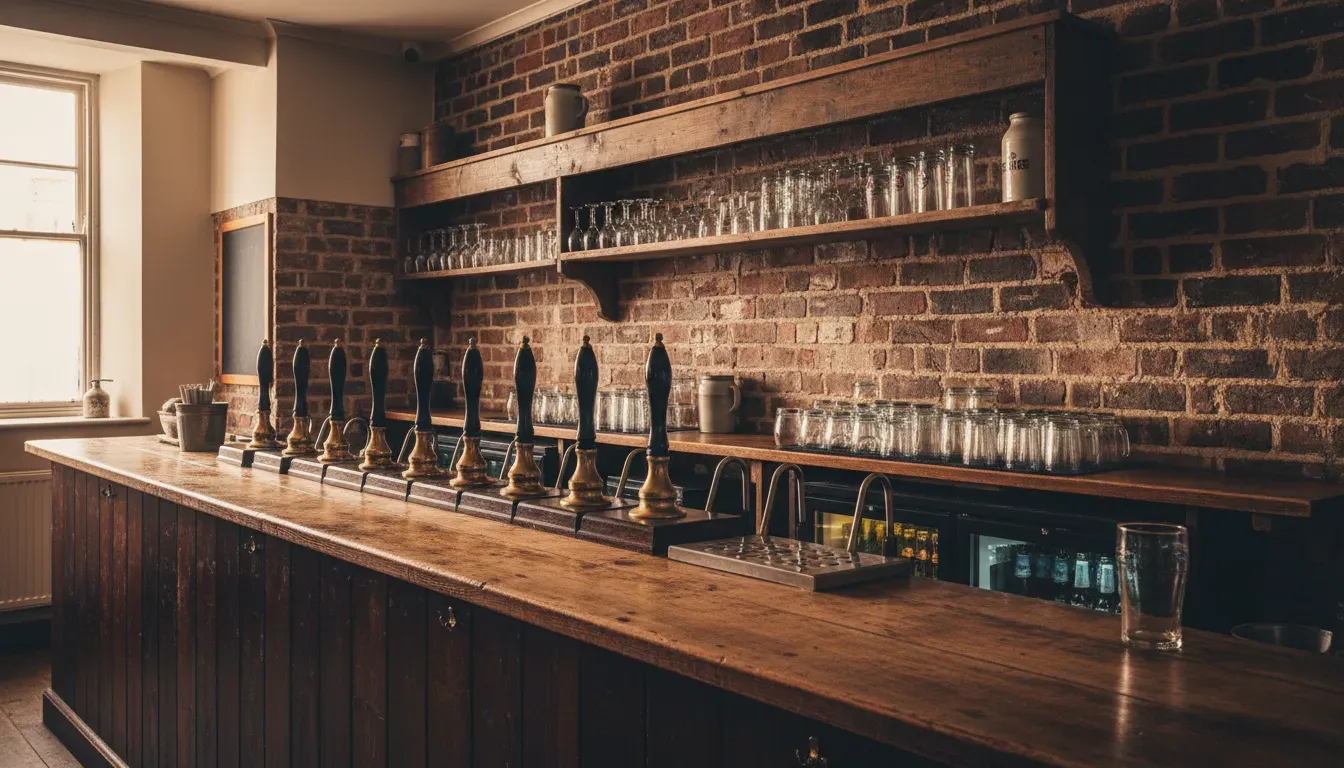 A wide interior photograph of a small rural taproom bar counter in warm evening light, hand pumps and stacked glasses on scrubbed timber, brick wall behind, cosy amber tones, no people, no readable text, no logos