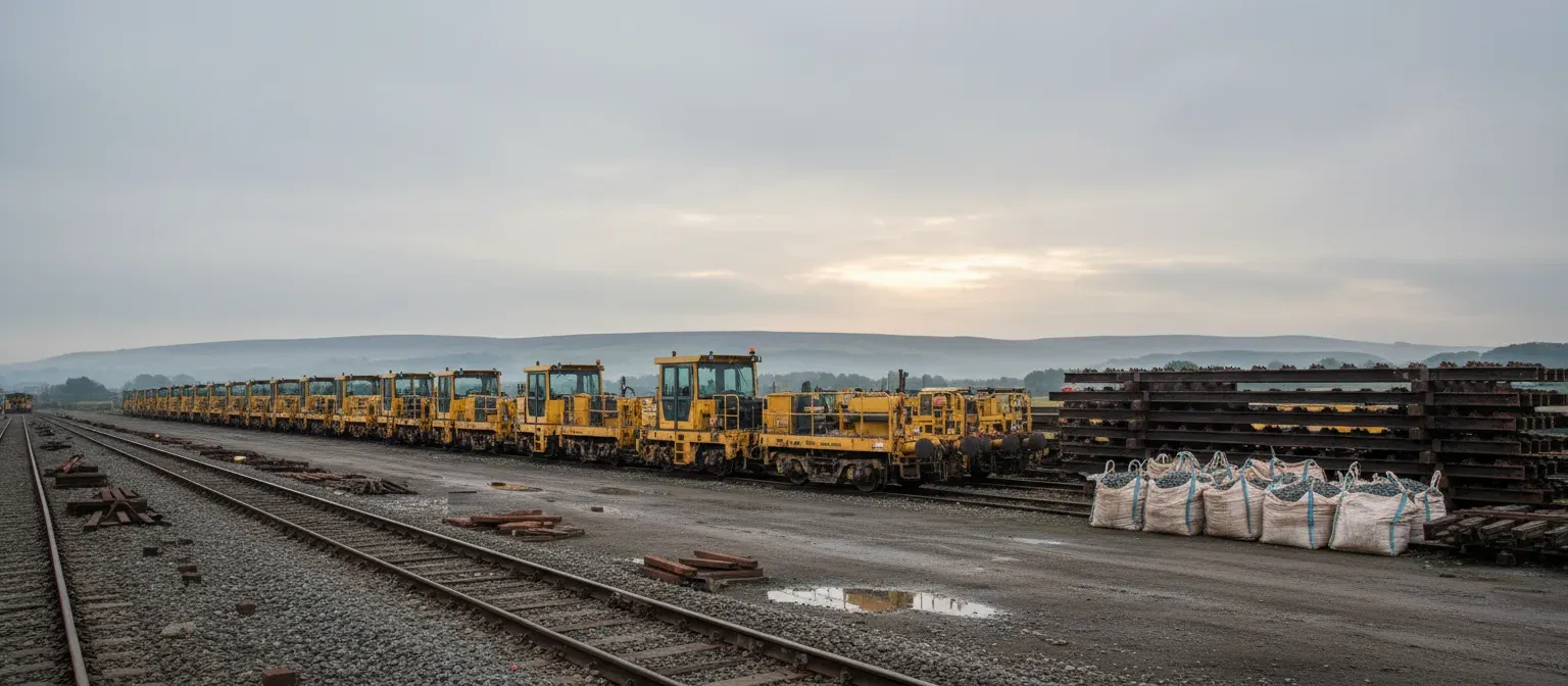 A wide landscape photograph of a rail maintenance depot yard at first light, yellow on-track plant parked in a row, stacked rail panels and ballast bags, long low horizon with hills behind, overcast, documentary industrial style, no people, no text, no logos