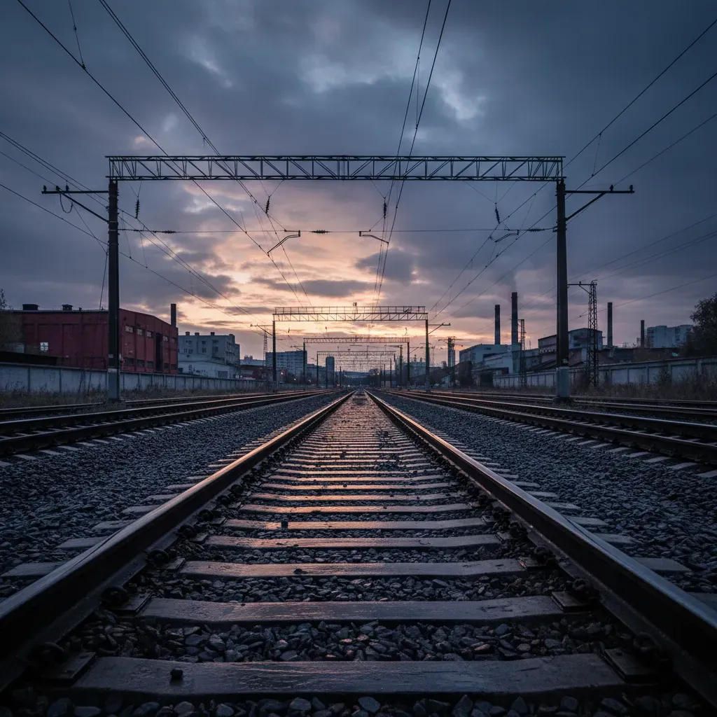 A dramatic low angle photograph looking along a railway track at dusk, wet steel rails catching the last light, ballast and sleepers in sharp focus, overhead line equipment silhouetted against a bruised sky, desaturated industrial palette, no people, no text