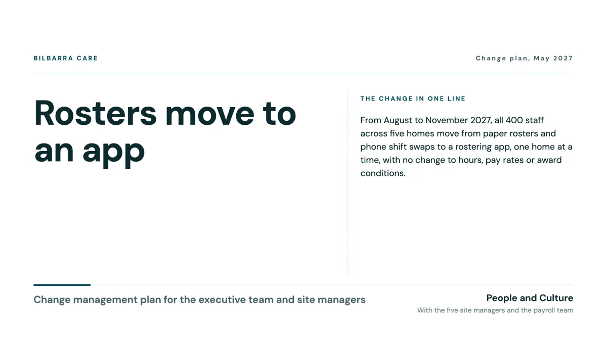 Change management presentation: impacts, plan, support example